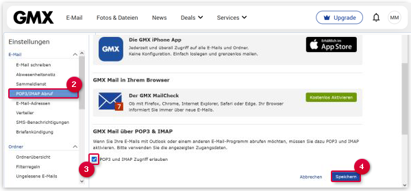 So schalten Sie POP3/IMAP ein