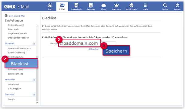 E-Mail-Adresse oder Domain in die Blacklist eintragen