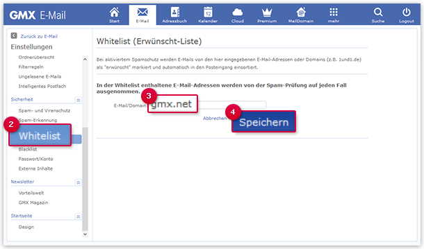 E-Mail-Adresse oder Domain in die Whitelist eintragen