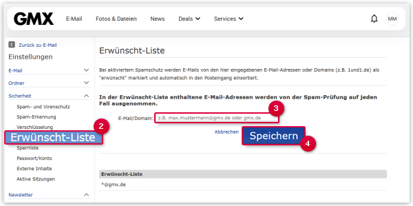 E-Mail-Adresse oder Domain in die Erwünscht-Liste eintragen