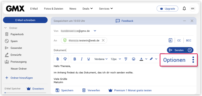 E-Mail-Versandoptionen auswählen