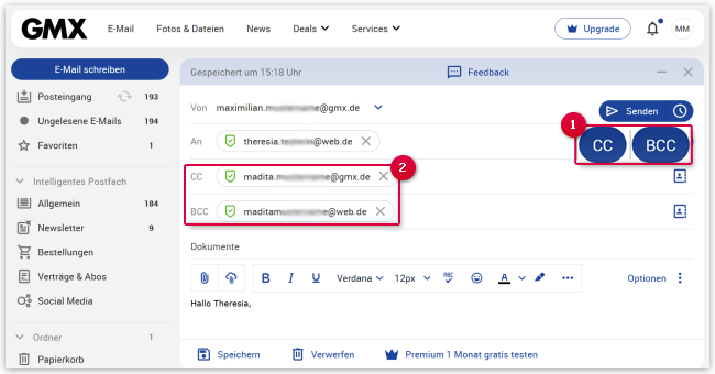 Kontakte in das CC- oder BCC-Feld eintragen