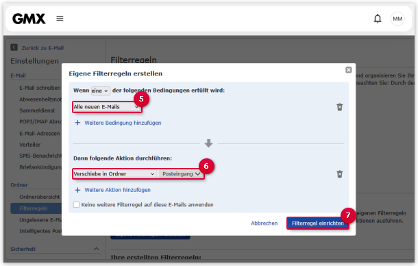 E-Mails per Filterregel in den Posteingang       verschieben