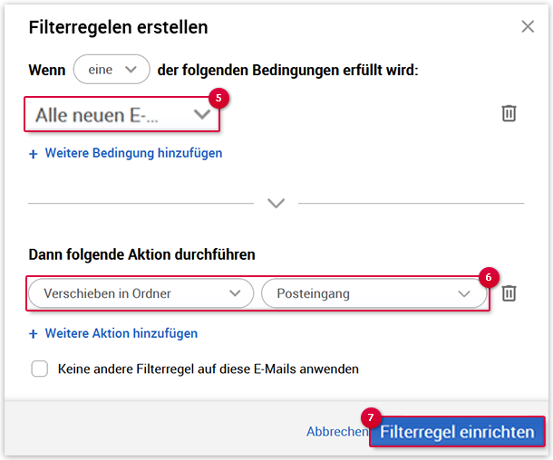 E-Mails per Filterregel in den Posteingang       verschieben