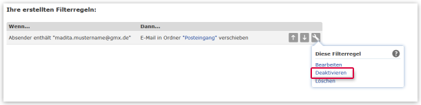 Filterregel deaktivieren