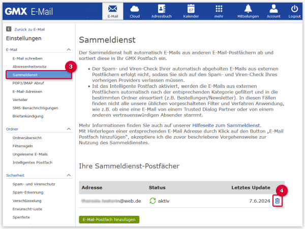 POP3-Sammeldienst löschen