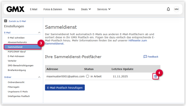 POP3-Sammeldienst löschen