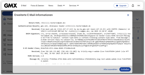 Fenster mit Informationen des       E-Mail-Headers