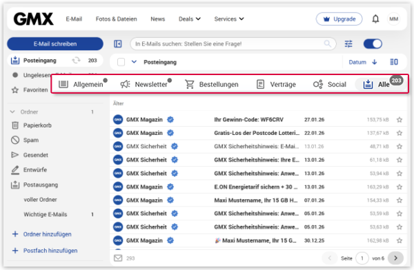 Leiste mit Kategorien des Intelligenten Postfachs