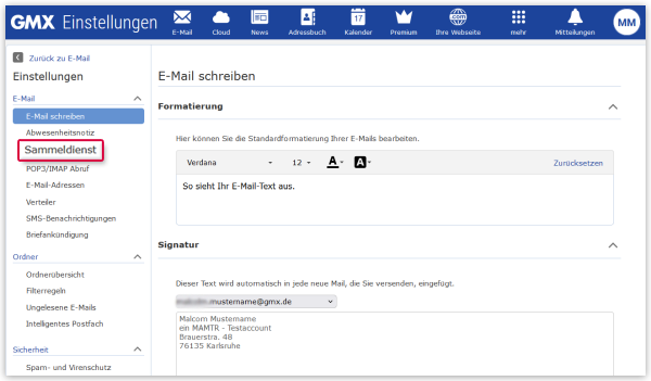 Sammeldienst-Einstellungen öffnen