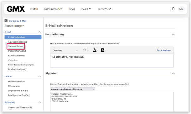 Sammeldienst-Einstellungen öffnen