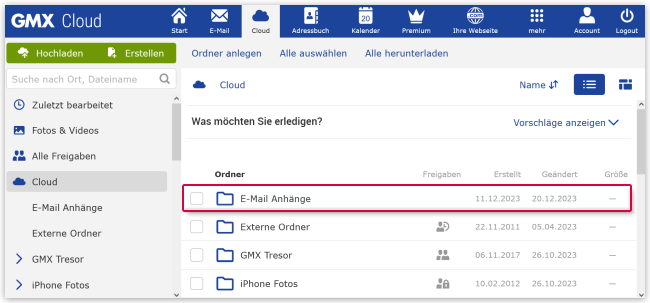 Cloud-Ordner E-Mail-Anhänge