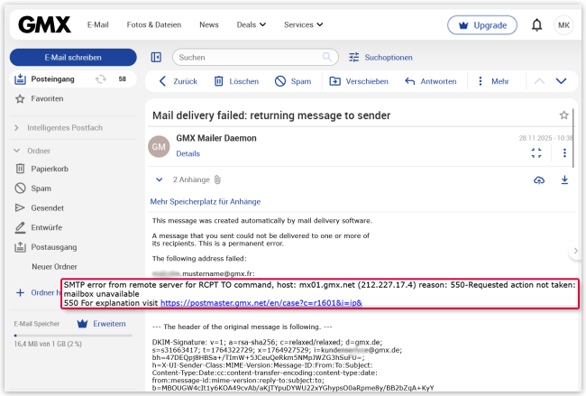 Screenshot: Mailer-Daemon-E-Mail