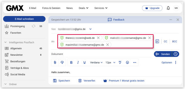 Mehrere Mailadressen ins Empfängerfeld eingeben