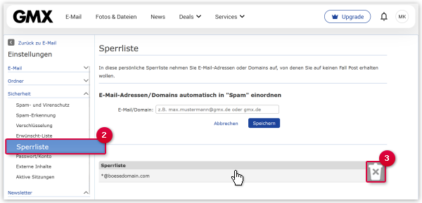 E-Mail-Adresse oder Domain aus der Sperrliste löschen