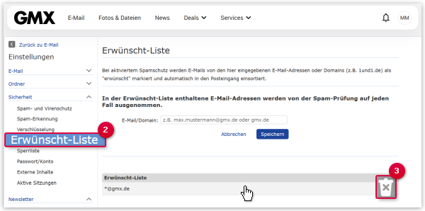 E-Mail-Adresse oder Domain aus der Erwünscht-Liste löschen