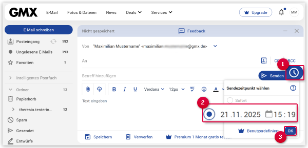 E-Mail zu einem späteren Zeitpunkt senden.