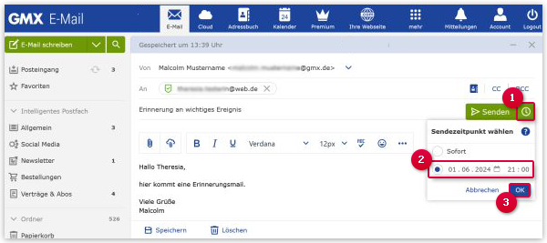 E-Mail zu einem späteren Zeitpunkt senden.