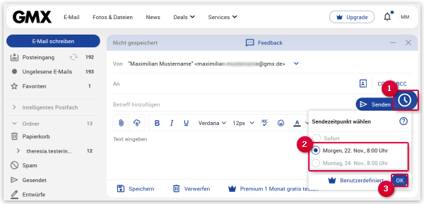 E-Mail zu einem späteren Zeitpunkt senden.