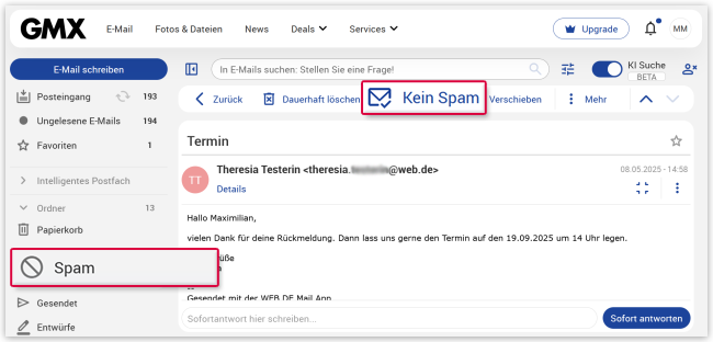 So markieren Sie eine E-Mail als Kein Spam