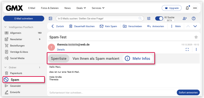 Anzeige, wenn eine E-Mail von Ihnen selbst als Spam markiert wurde