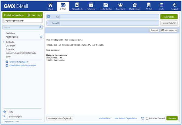 E-Mail schreiben im GMX Postfach