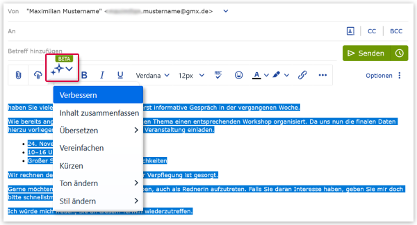 Schreibassistenten über Zauberstab-Symbol öffnen