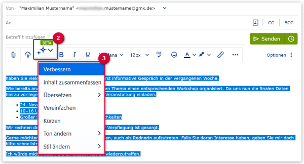 Schreibassistent: Option auswählen