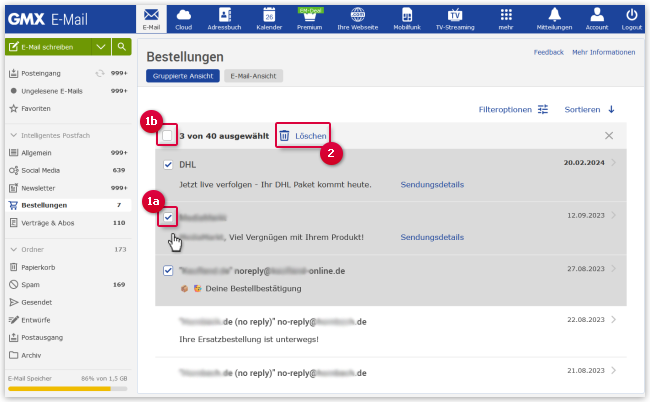 Screenshot: Mehrere Bestell-E-Mails löschen