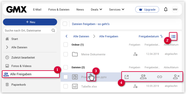 Optionen im Ordner Alle Freigaben