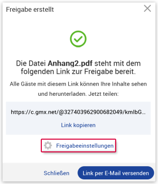 Freigabeeinstellungen öffnen