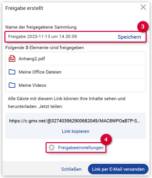 Freigabenamen eingeben und Freigabeeinstellungen öffnen