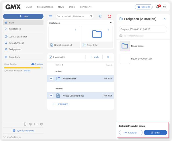 Freigabelink kopieren oder per Mail versenden