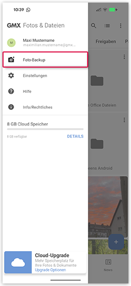 Screenshot: Menüpunkt Foto-Backup