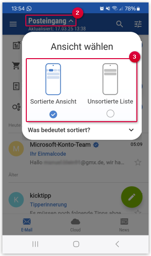 Sortierte Ansicht aktivieren und deaktivieren