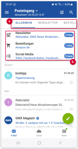 Aufbau des Posteingangs in der sortierten Ansicht