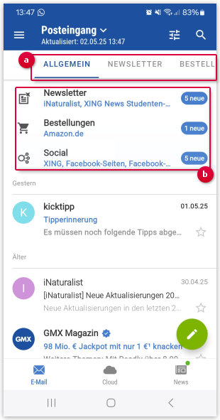 Aufbau des Posteingangs in der sortierten Ansicht