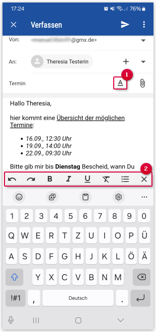 Screenshot: Formatierungs-Optionen öffnen