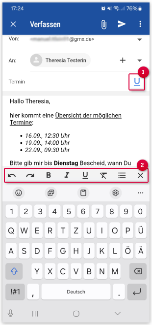 Screenshot: Formatierungs-Optionen öffnen