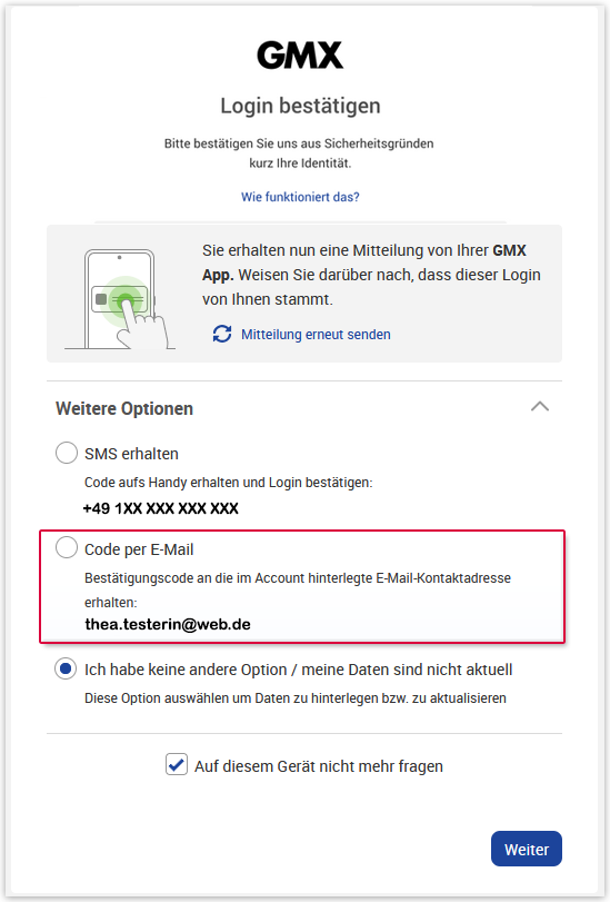 Code per E-Mail anfordern