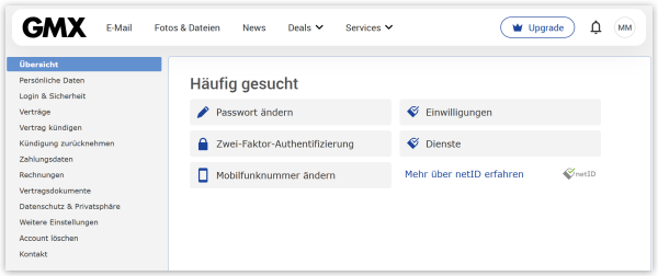 Screenshot: Übersicht Mein Account / Kundencenter