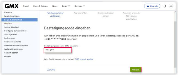 SMS-Code eingeben