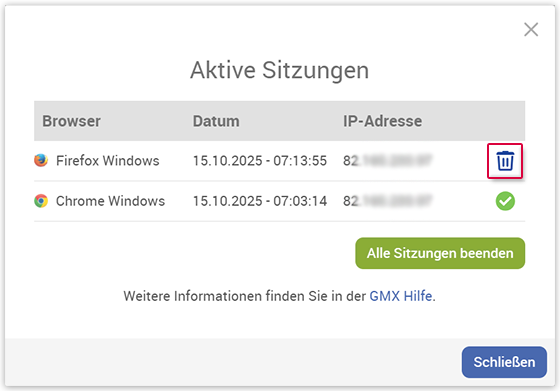 Einzelne Sitzung beenden