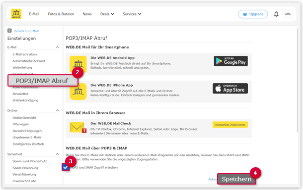 So schalten Sie POP3/IMAP ein