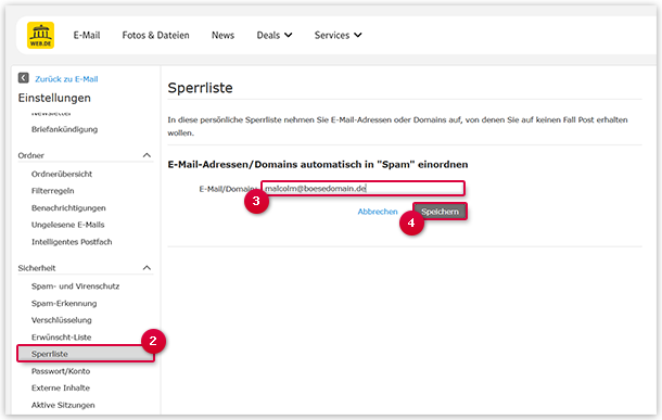 E-Mail-Adresse oder Domain in die Sperrliste eintragen