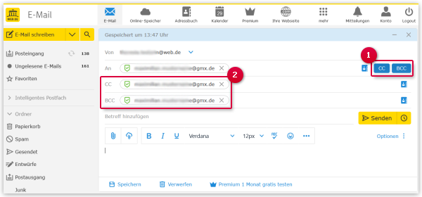 Kontakte in das CC- oder BCC-Feld eintragen
