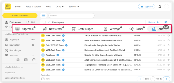 Leiste mit Kategorien des Intelligenten Postfachs