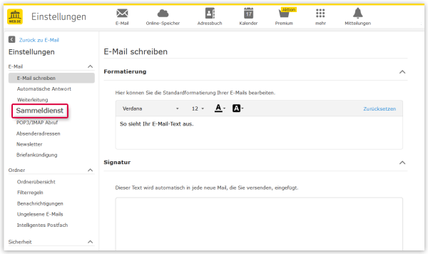 Sammeldienst-Einstellungen öffnen