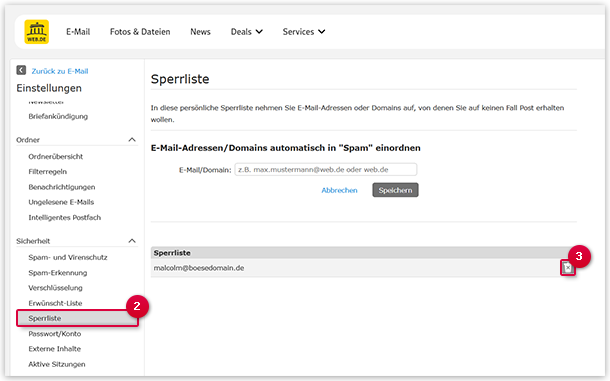 E-Mail-Adresse oder Domain aus der Sperrliste löschen