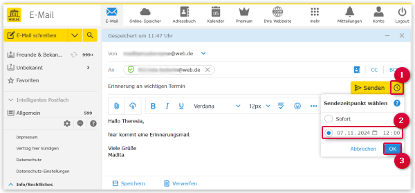 E-Mail zu einem späteren Zeitpunkt senden.